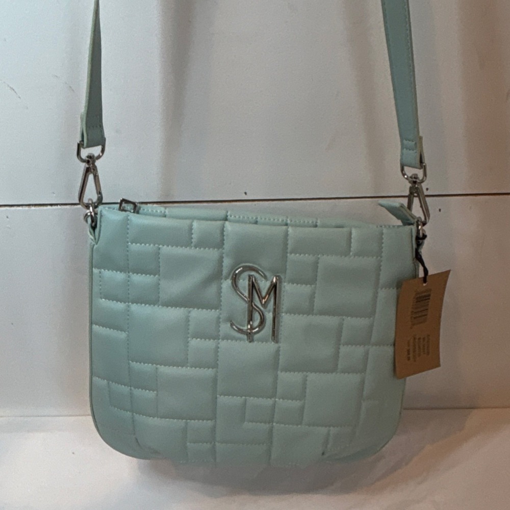 Steve Madden Mint Quilted Crossbody Bag with Detachable Strap and Logo Accent